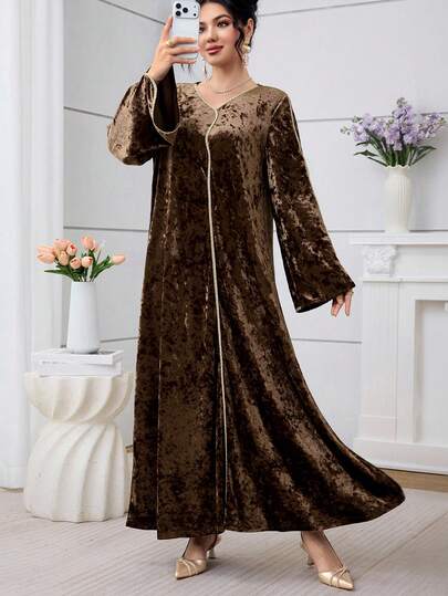 Al Najma Women's Fashion Ribbon Patchwork Long Sleeve Dress, Versatile For Daily Wear