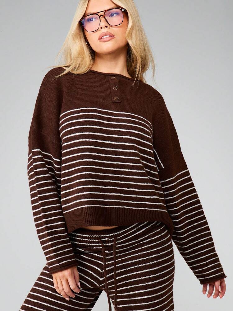 MISSGUIDED Striped Button Detail Knitted Jumper Long Sleeve Ribbed Sweater Fall Winter Cozy Pullover