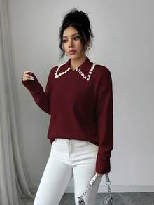 SHEIN Elenzya Aniusta 女士秋冬休闲上衣，适合度假、独立日、劳动节、哥伦布日、感恩节、情人节、复古风、斯德哥尔摩风、哥德堡风、韩式风格，优雅百搭，学生、教师、办公穿着皆宜，精致时尚，黑色串珠领针织衫 - 紅木色 - 查看 6