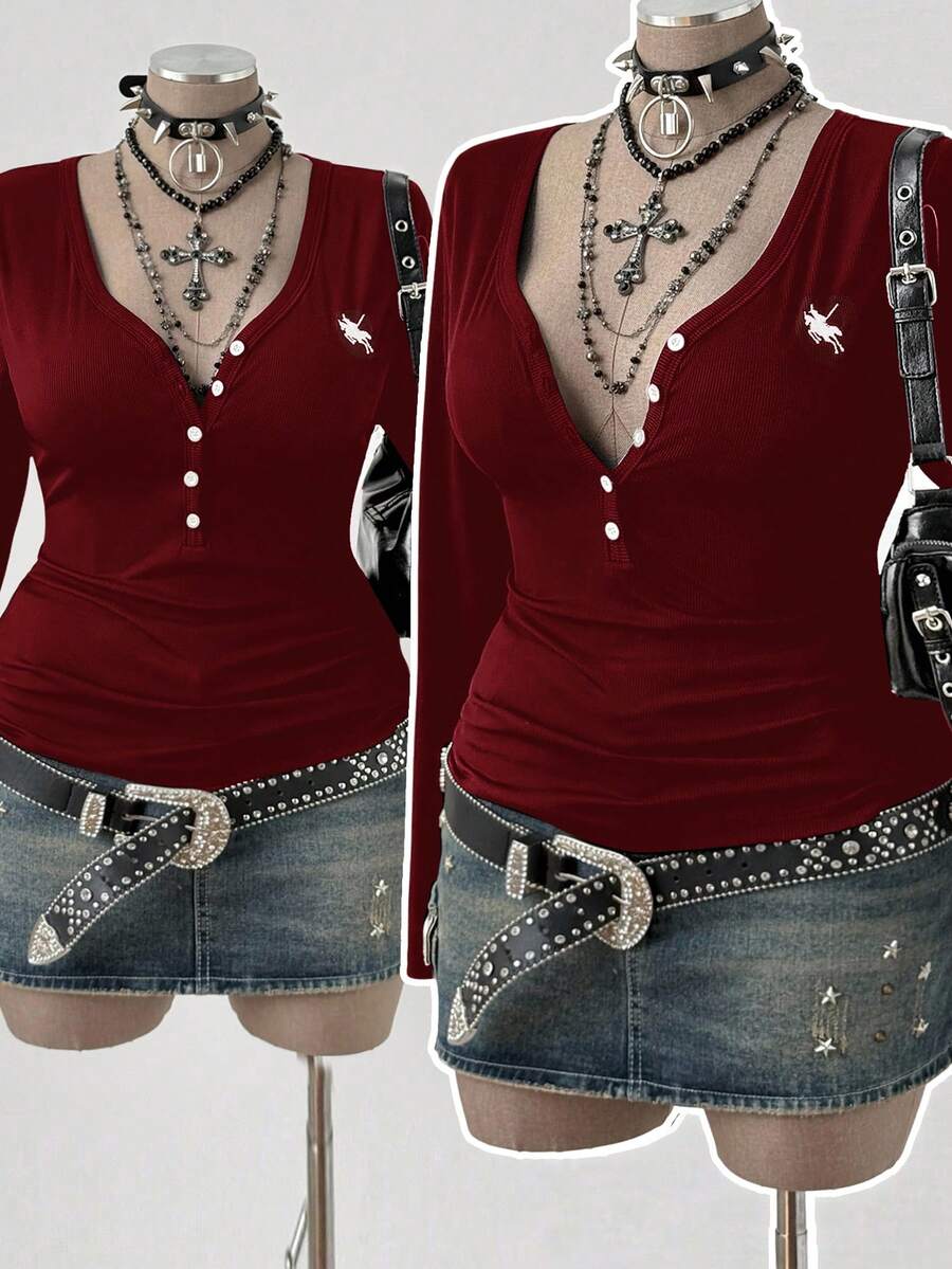 Sunspun V-Neck Button Front Embroidered Horse Logo Long Sleeve Slim Fit Waist Cinched Top, Versatile & Minimalist Design For Plus Size, Suitable For Commuting - Burgundy - View 1