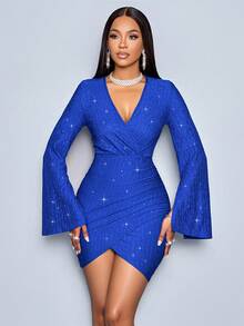 SOLERSUN Women's V Neck Ruched Cape Sleeve Bodycon Dress New Year - Blue - View 7
