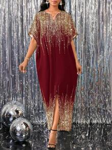 SHEIN Lady Spring, Summer, Autumn And Winter Elegant Office Party Ladies Dresses Red Sequin Dress - Burgundy - View 5