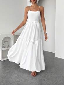 INAWLY Women's Solid Color Spaghetti Strap Criss-Cross Back Ruched Casual Dress - White - View 7