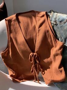 Comfortcana Brown Linen Tie Front Shirt For Women,Brown Top