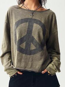 Bohemela 女士休闲纯色针织圆领长袖宽松T恤 - 橄欖綠 - 查看 4