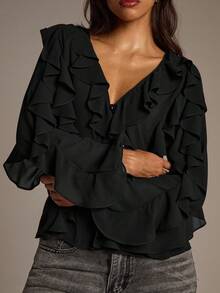 Aloruh Women's Solid Color Ruffle V-Neck Long Sleeve Fashion Blouse - Black - View 7