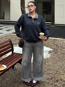 Dazy Plus كنزة صوفية كروشيه فضفاضة بطبعات حرفية ملونة وياقة طاقم، كاجوال للنساء، خريف/شتاء - أزرق بحري - مشاهدة 4