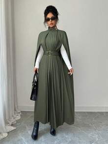 Elenzga Stand Collar Cape, Long Flowing Elegant French Sophisticated Pleated Flared Hem Oversized English Style Commuter Slimming Outerwear, Suitable For Formal Occasions