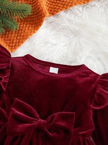 优雅丝绒绿色长袖连衣裙，圣诞派对礼服，圣诞礼物 - 酒紅色 - 查看 3