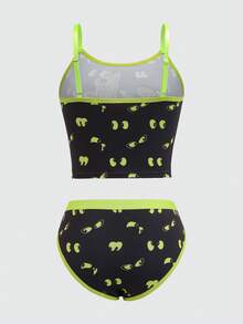 SCOOBY-DOO X SHEIN 大码女士卡通狗字母图案荧光青柠撞色包边文胸和内裤套装 - 黑色 - 查看 2