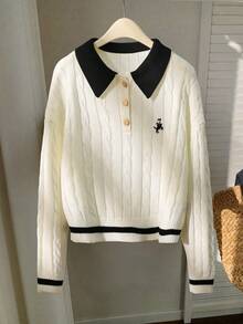 Franclia 撞色边简约长袖马匹刺绣Polo领针织毛衣 - 黑與白 - 查看 7