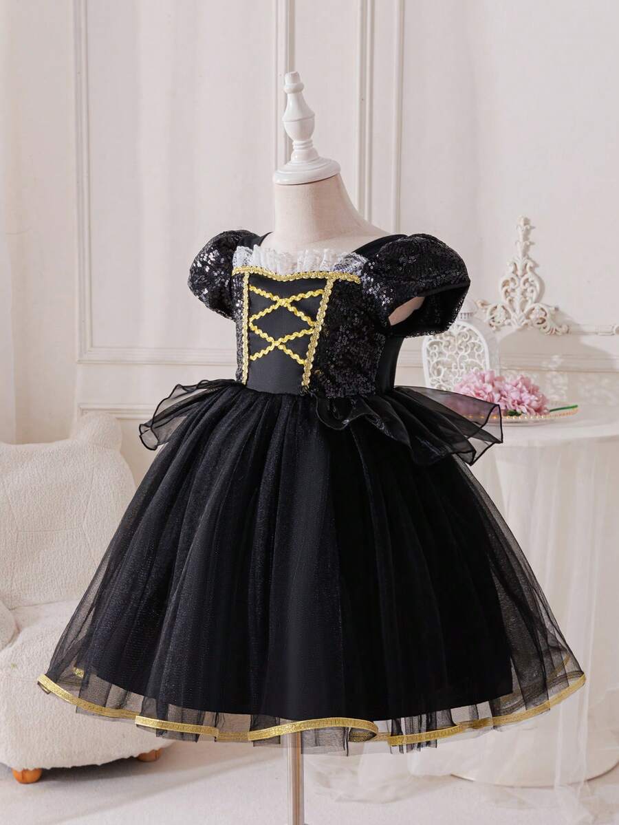 SHEIN Glamorique Kids Mädchen Prinzessin Pailletten Tüll Kleid, gelbes Tüllkleid für Geburtstags-Party, Hochzeit, Feiertage, ganzjährig - Schwarz - Übersicht 1