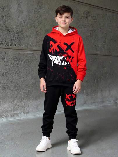 SHEIN Set de 2 piezas de sudadera con capucha y pantalones de moda callejera informal con estampado de teñido anudado y grafiti para niño preadolescente, adecuado para ir y venir, la escuela, el uso diario casual, deportes, estilo callejero, primavera/verano
