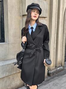 SHEIN 优雅通勤休闲风格卡其色翻领中长款风衣，适合少女