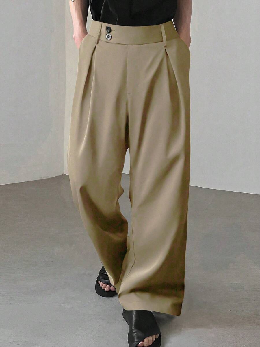 Claim Dot Loose Men's Solid Color Pleated Wide Leg Pants Japanese Pants Men S Wide Leg Pants Pleated Pants Baggy Khaki Pants Loose Pants - Brown - View 1