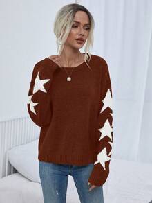 EMERY ROSE Women's Casual Pentagram Jacquard Drop Shoulder Long Sleeve Pullover Sweater, Autumn/Winter - Rust Brown - View 4