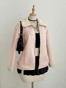 Elamini 棕色绒面革保暖内衬仿羊羔绒领翻领拉链口袋落肩长袖宽松外套，时尚街头风复古优雅高端简约设计，适合休闲、外出、约会、秋冬季穿着。 - 粉色 - 查看 3