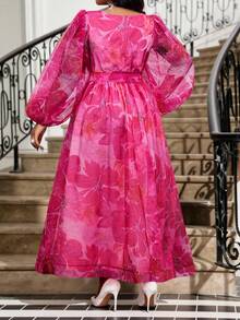 Fleurora 大码女式花卉印花圆领灯笼袖优雅连衣裙 - 玫紅色 - 查看 2
