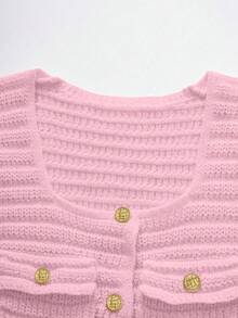 Franclia Nouveau cardigan en tricot élégant pour femmes avec col carré, taille froncée et ourlet à volants, arrivée française du début du printemps - Rose bonbon - Voir 4