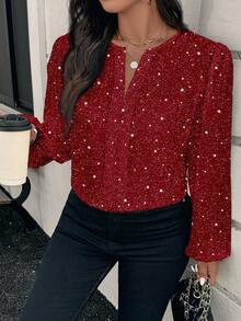 EMERY ROSE Blouse élégante brillante à manches lanternes et encolure échancrée pour femmes grandes tailles, top pailleté, blouses élégantes pour femmes, pour le Nouvel An, pour les femmes en hiver - Rouge foncé - Voir 5
