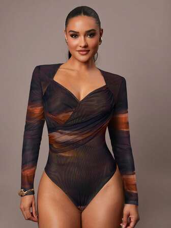 Silquee Women's Tie-Dye Purple-Brown Stretch Mesh Printed Long-Sleeved Bodysuit. Asymmetrical Crossover Slim Fit, Classic And Elegant Design, Suitable For Commuting And Everyday Wear, Also Great For Layering In Autumn And Winter. Perfect For Graduation Parties, Christmas, Dates, Parties, And Girls' Night Out.