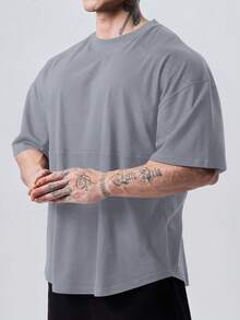 GymBeat Men's Solid Color Round Neck Short Sleeve Sports T-Shirt Workout Tops Gym Top Breathable - Grey - View 3