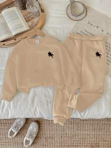 男婴针织柔软休闲经典骑士图案印花圆领套头卫衣套装，加厚设计，适合秋冬季穿着 - 卡其色 - 查看 2