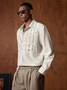 AKNOTIC 男士休闲浅卡其色长袖衬衫 - 卡其色 - 查看 5
