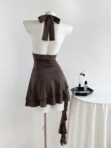 Elamini 性感复古极简V领荷叶边下摆收腰连衣裙