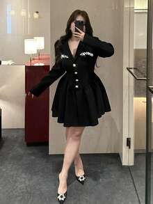 Flirla Plus Size Women's Autumn/Winter Turndown Collar Long Sleeve Ruched Faux Diamond Faux Knit Decor Elegant Vintage Casual Commuter Dress - Black - View 7