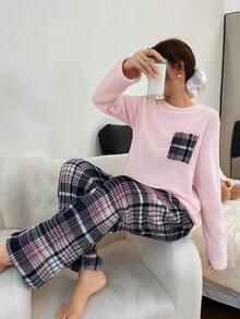 SHEIN Women's Flannel Plaid Pajama Set, Fluffy Winter Clothes - Pink - View 4