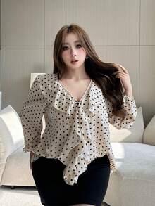 Vibekara 秋季荷叶边V领波点衬衫，法式浪漫上衣 - 彩色 - 查看 5