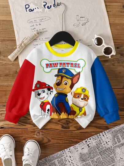 SHEIN | PAW Patrol Jeune garçon sweat-shirt décontracté à la mode de rue avec impression de chien de dessin animé et de lettre, couleur contrastée, épaules tombantes, ample, en molleton. Automne/Hiver
