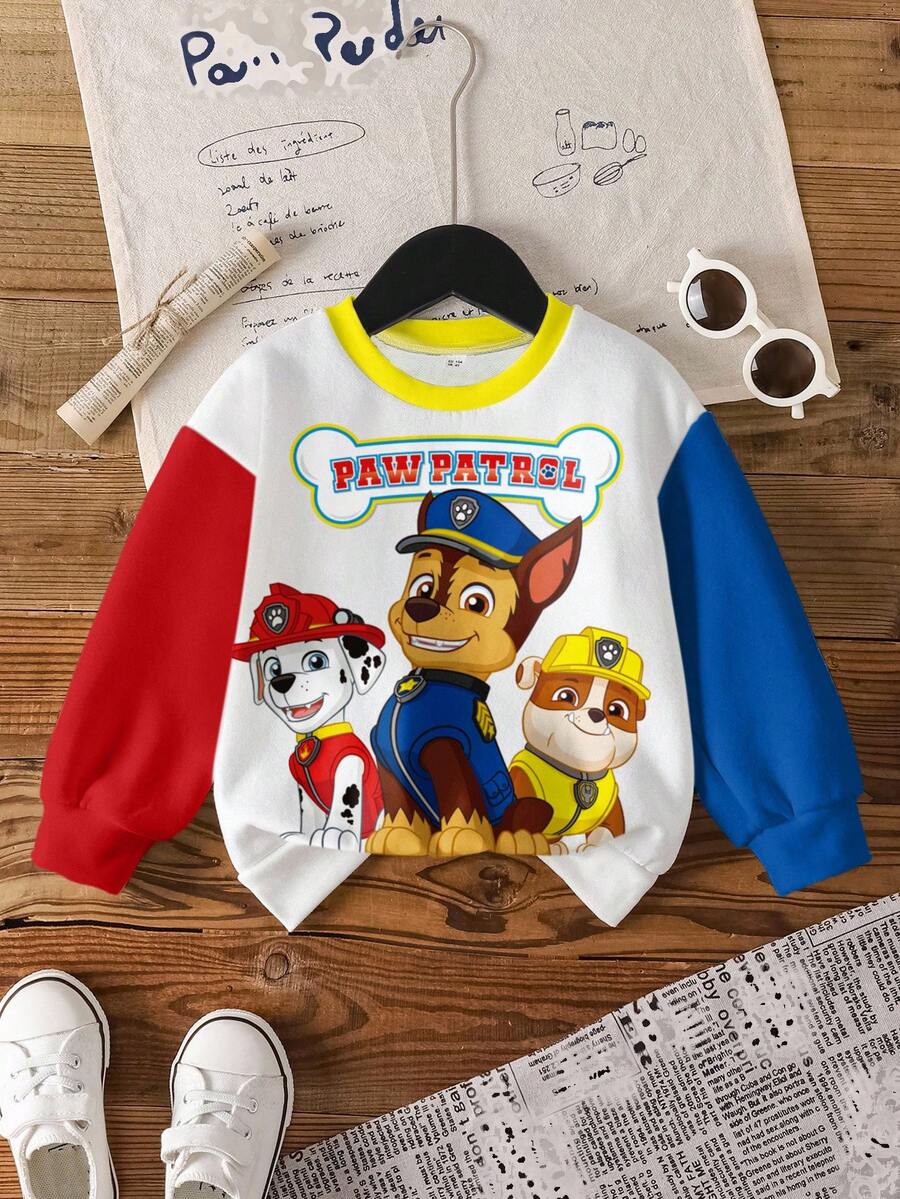SHEIN | PAW Patrol Jeune garçon sweat-shirt décontracté à la mode de rue avec impression de chien de dessin animé et de lettre, couleur contrastée, épaules tombantes, ample, en molleton. Automne/Hiver