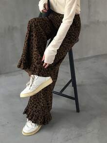 FRIFUL 豹纹休闲宽松阔腿舒适带口袋女裤 - 棕色 - 查看 5