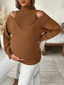 SHEIN Sweater Hamil Lengan Panjang Kerah Tegak Elegan dengan Lubang-lubang - Coklat - View 5