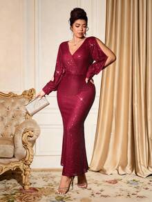 Cravure Vestido maxi ajustado de manga larga con cuello en V cruzado, bajo de cola de pez y tela con lentejuelas para mujer de talla grande, elegante para uso diario y fiestas - Rojo - Ver 6