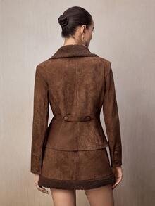 NOVVYNE 女士复古仿麂皮两件套，包括毛领外套和高腰裙，秋冬欧美风 - 棕色 - 查看 2