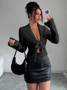 Elenzga 女士优雅针织开衫，配人造毛领，纯色，适合派对、新年、圣诞节、感恩节等场合作为礼物 - 黑色 - 查看 1