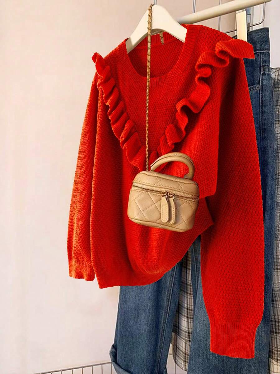 SHEIN Clasi 大码休闲纯色荷叶边下摆套头毛衣，秋冬款 - 紅色 - 查看 1