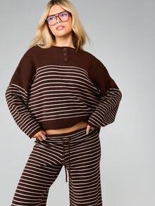 MISSGUIDED 条纹纽扣细节针织套头衫 长袖罗纹毛衣 秋冬舒适套头衫 - 彩色 - 查看 1