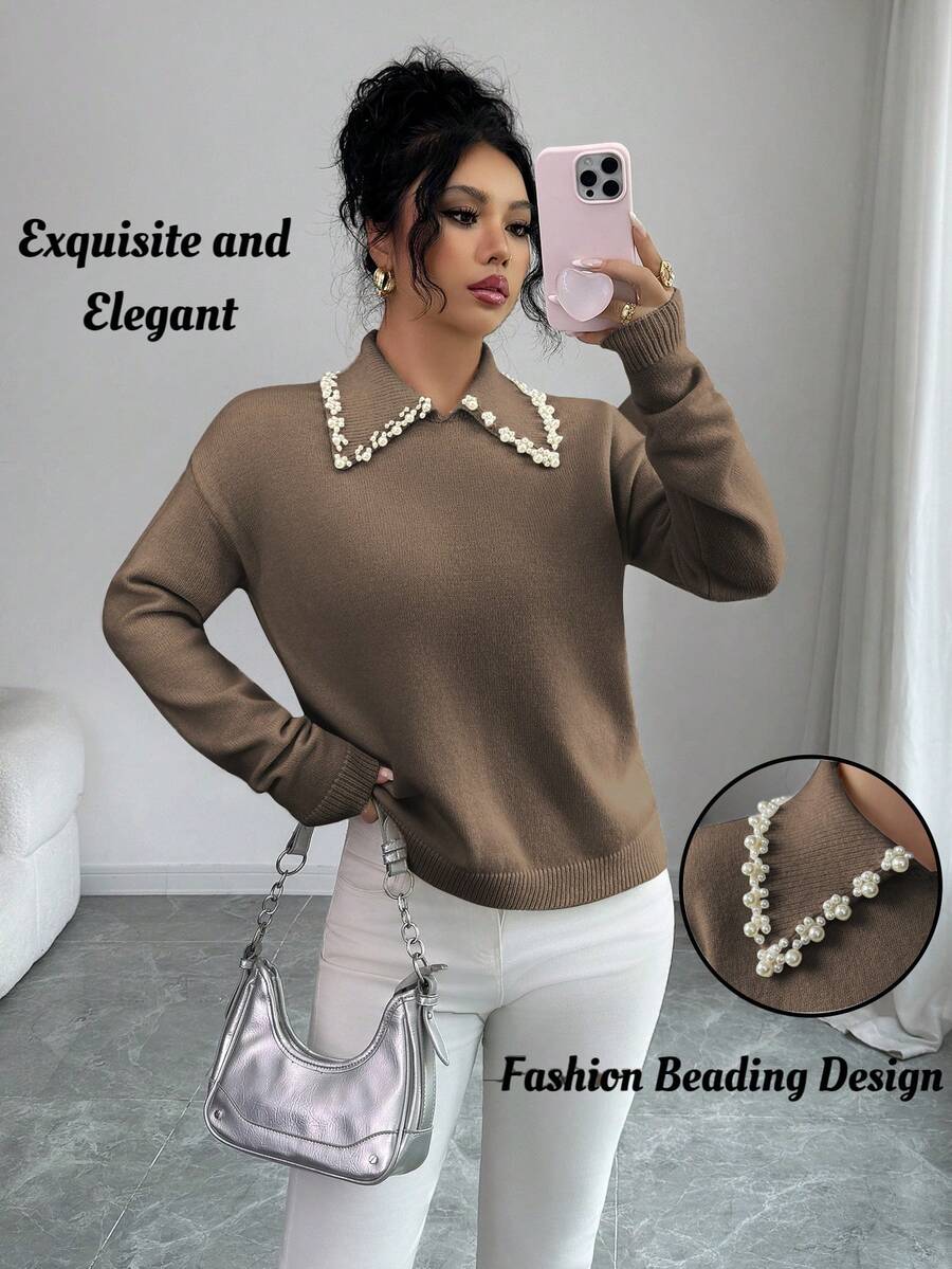 SHEIN Elenzya Aniusta 女士秋冬休闲上衣，适合度假、独立日、劳动节、哥伦布日、感恩节、情人节、复古风、斯德哥尔摩风、图卢姆风、韩版风、优雅百搭、学生装、教师装、哥特风、办公室装、商务休闲装、返校季等场合，黑色针织衫，领口饰有装饰。 - 卡其色 - 查看 1