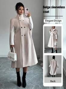 Elenzga معطف أنيق طويل بدون أكمام وياقة عالية للنساء باللون البيج، مناسب للخريف والشتاء وأعياد السنة الجديدة وعيد الشكر وعيد الميلاد - لون مشمشي - مشاهدة 1