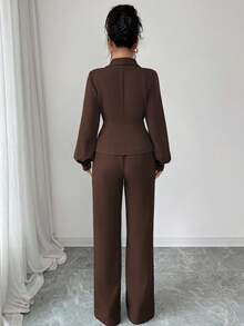 Elenzga 女士优雅休闲通勤度假下午茶聚会纯色不规则交叉领西装外套，灯笼袖搭配松紧腰A字裤，适合春、秋、冬季穿着。 - 棕色 - 查看 2