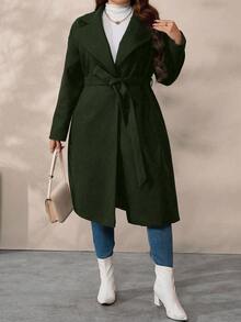 SHEIN Tall CURVE 大码女式纯色翻领长袖休闲羊毛长外套，秋冬款 - 軍綠色 - 查看 5