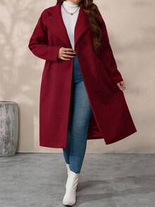 SHEIN Tall CURVE Plus Size Women's Solid Color Lapel NeckLong Sleeve Casual Woolen Long Coat, Autumn/Winter - Red - View 1