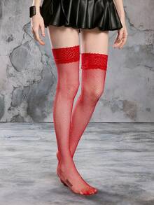 ROMWE Grunge Punk 1 双复古蕾丝过膝袜，饰有闪亮水钻，朋克蕾丝镂空过膝袜，点缀着闪亮水钻，适合舞台表演、音乐节、派对等场合。 - 紅色 - 查看 3