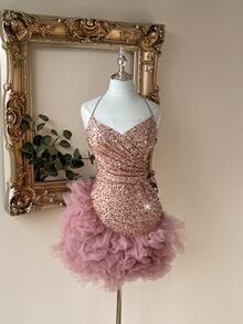 Lovelzi 优雅浪漫时尚的粉色亮片面料花苞装饰露背短款优雅派对礼服、婚礼宾客礼服、粉色鸡尾酒礼服 - 淺粉色 - 查看 7