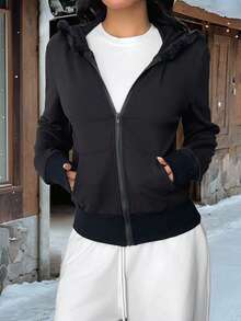 SHEIN Unity 1pc Women's Black Vintage Slim Fit Hooded Jacket, Thermal Lined With Faux Fur Collar, Casual/Commute Wear For Autumn/Winter - Black - View 3