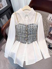 GlowEve CURVE Conjunto de camisa blanca de manga larga y camiseta de tirantes con cadena para mujer talla grande, para primavera/otoño, casual y de oficina - Negro - Ver 1